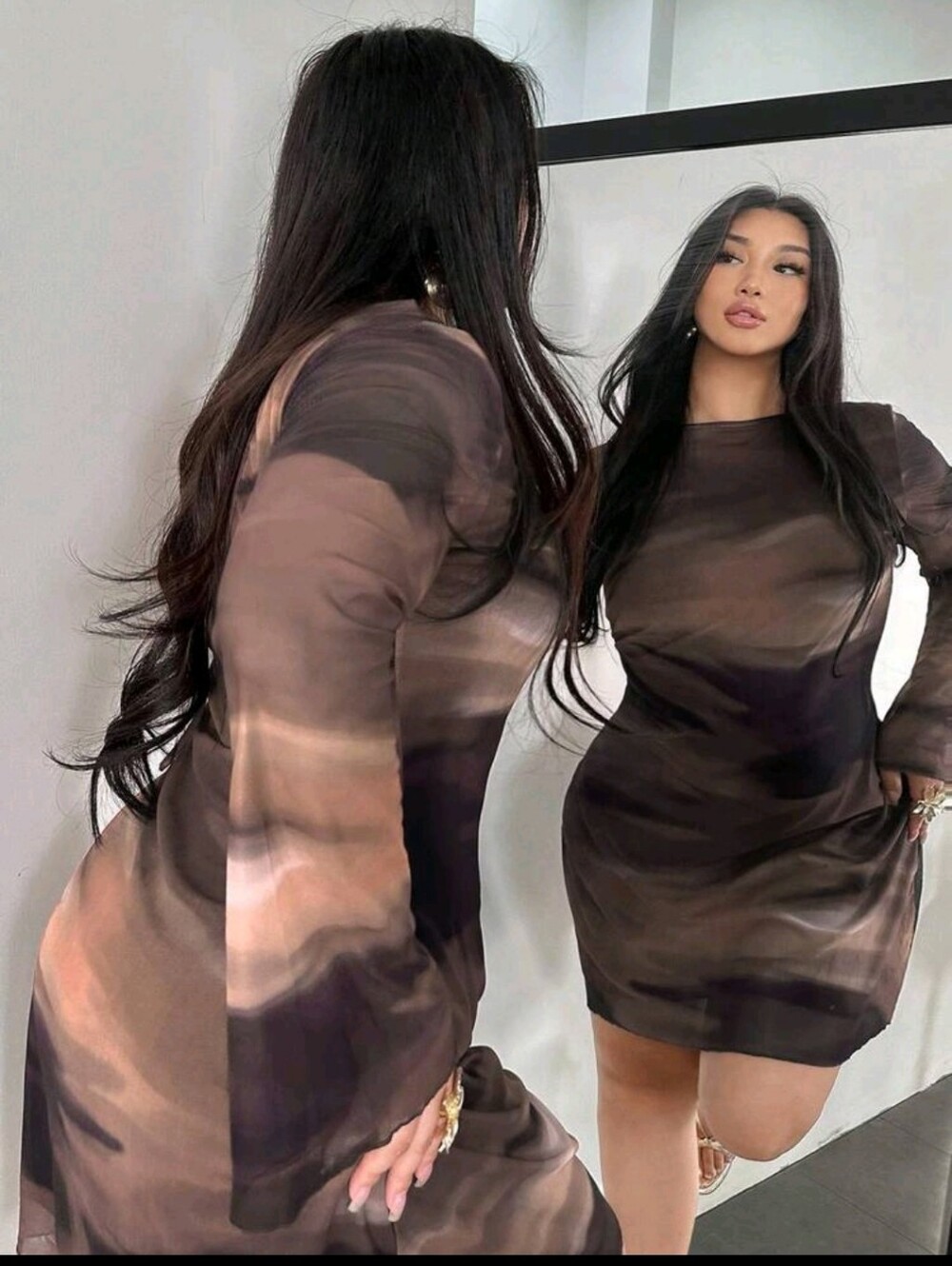 Long Sleeve Scoop Back Dress in Brown And Beige Marble
